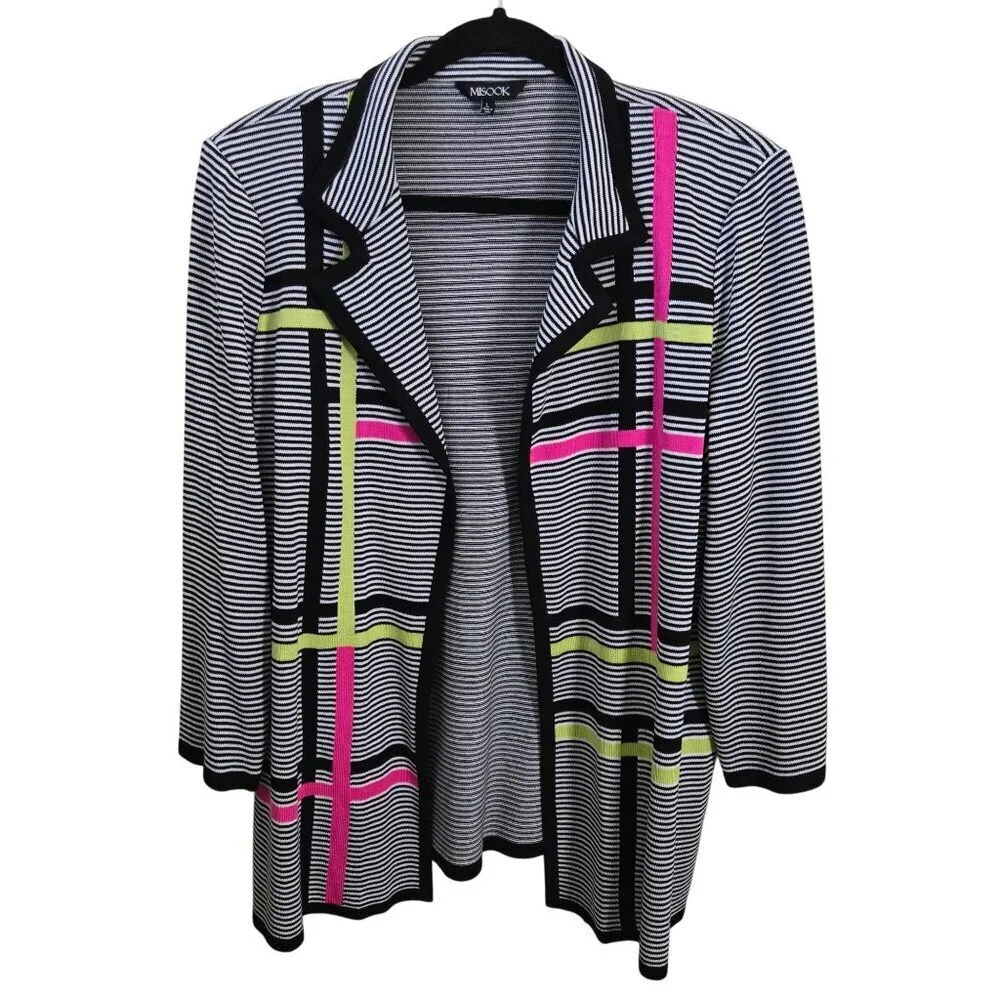 Misook Classic Graphic Detail Jacket Cardigan Open Front Color Block Size L